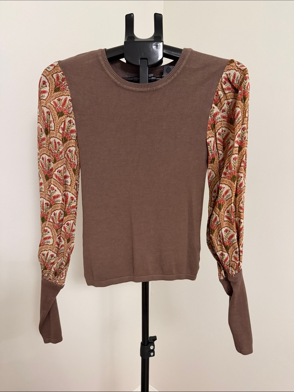 Anthropologie Brown Knit Top with Patterned Puff Sleeves